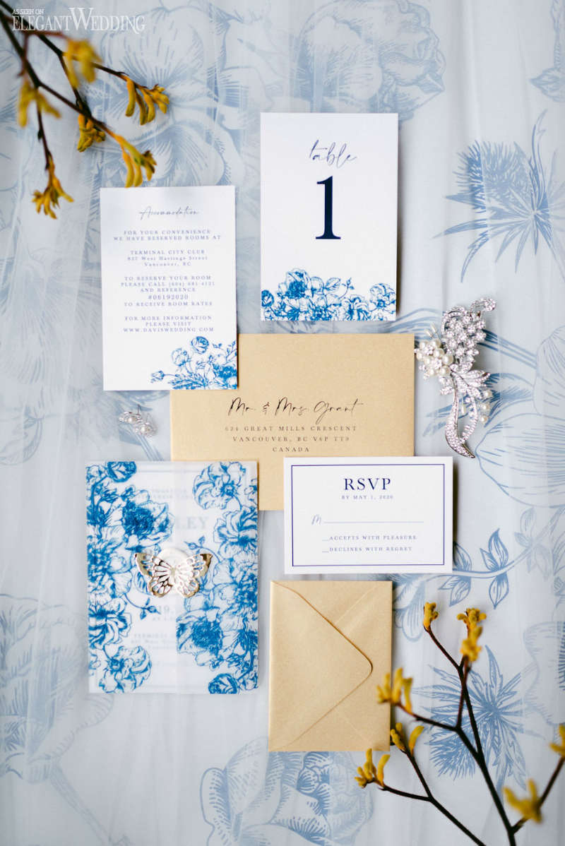 different shades of blue wedding invitation