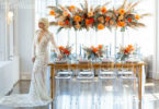 blue and orange wedding theme table decor