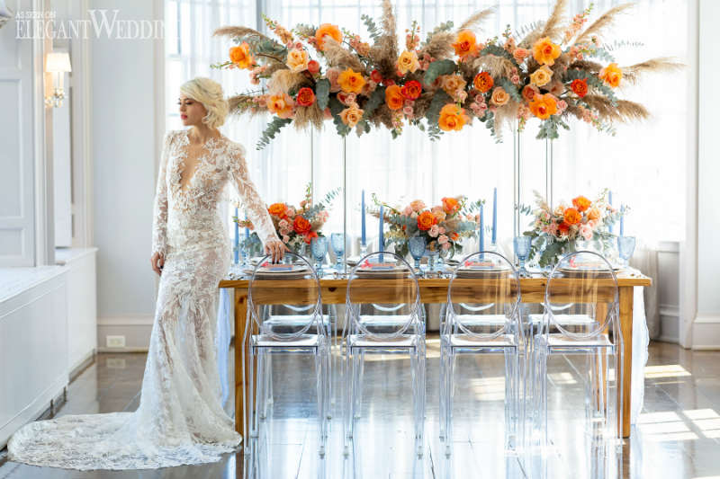 blue and orange wedding theme table decor