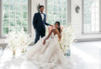 bride and groom with black tuxedo