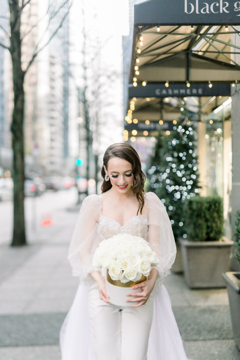 bride with flower box