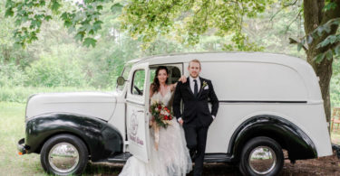 vintage car for a garden wedding