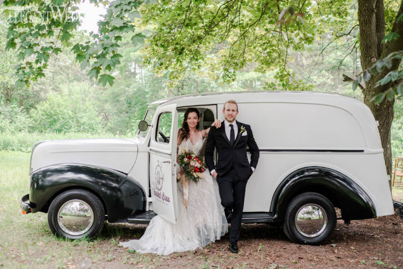 vintage car for a garden wedding