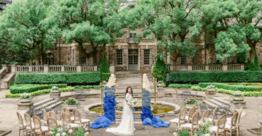 blue and white asian style wedding ceremony