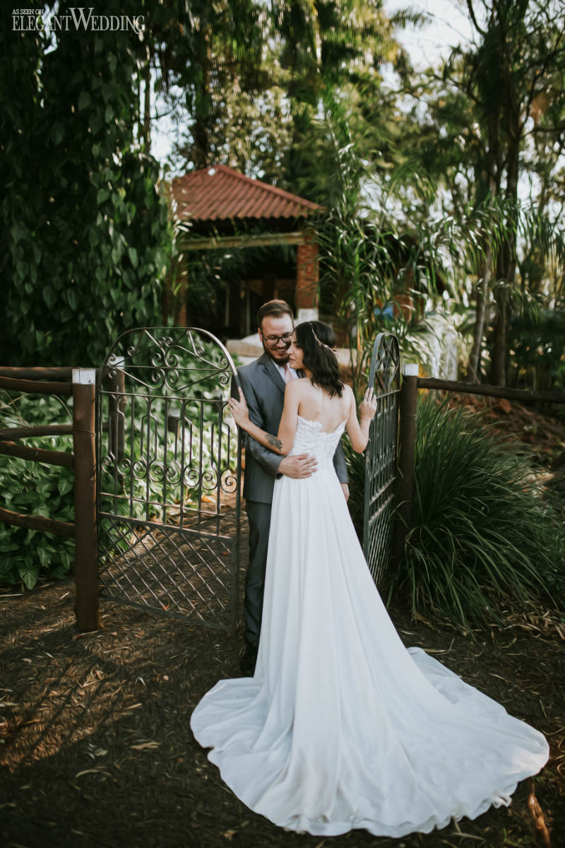 bride and groom in a garden wedding theme