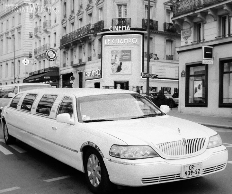 beautiful white wedding limousine