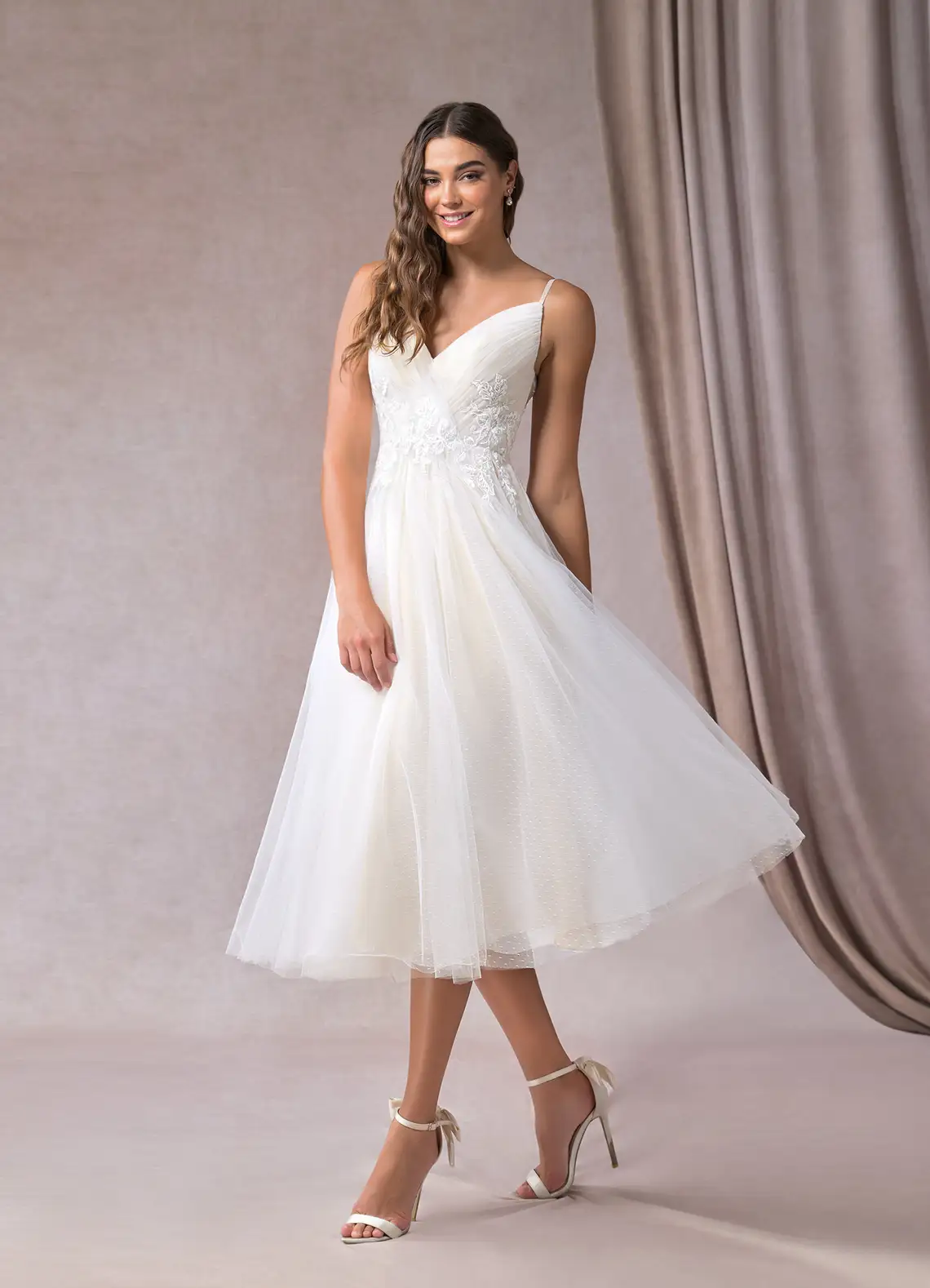 A-Line V-Neck Sequins Tulle Tea-Length Dress Diamond White/Champagne