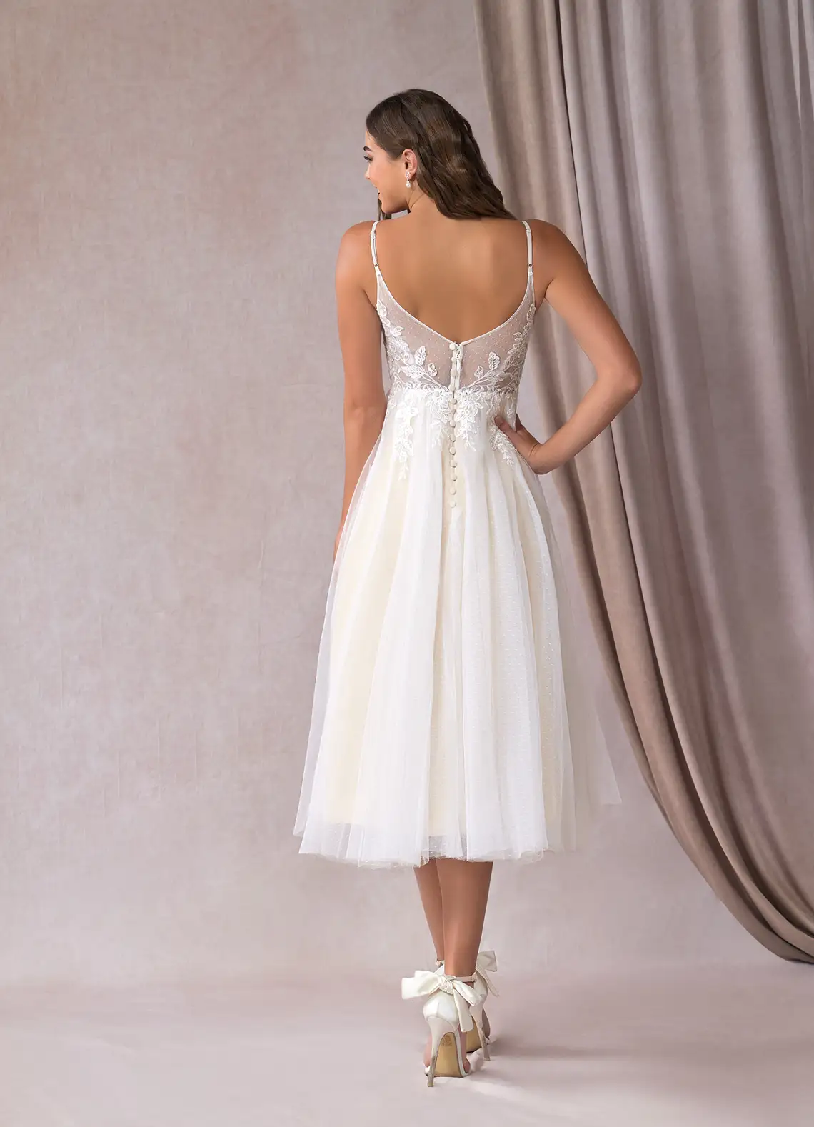 A-Line V-Neck Sequins Tulle Tea-Length Dress Diamond White/Champagne