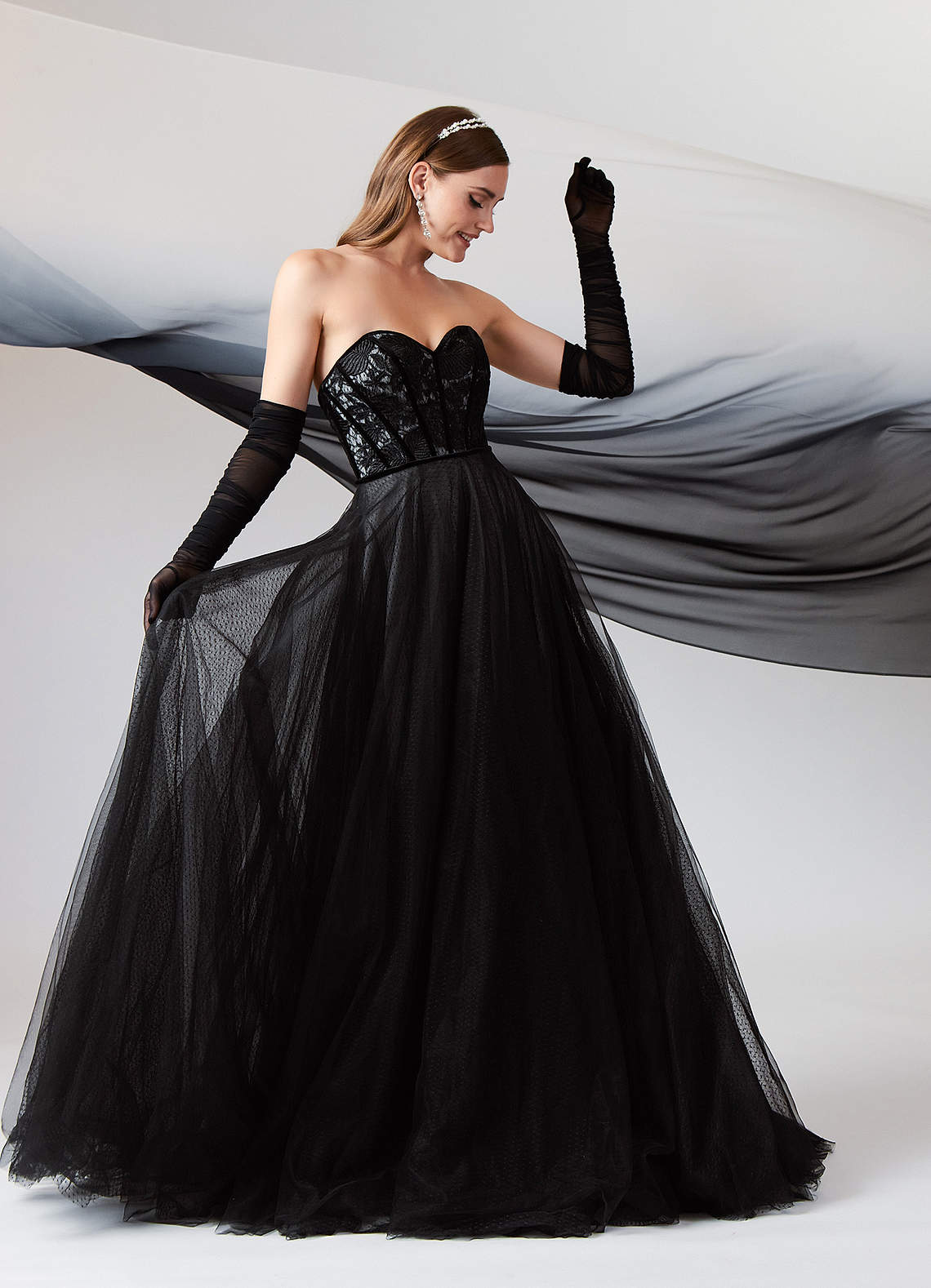 Azazie Ball-Gown Lace Tulle Sweep Train Dress Black/Diamond White