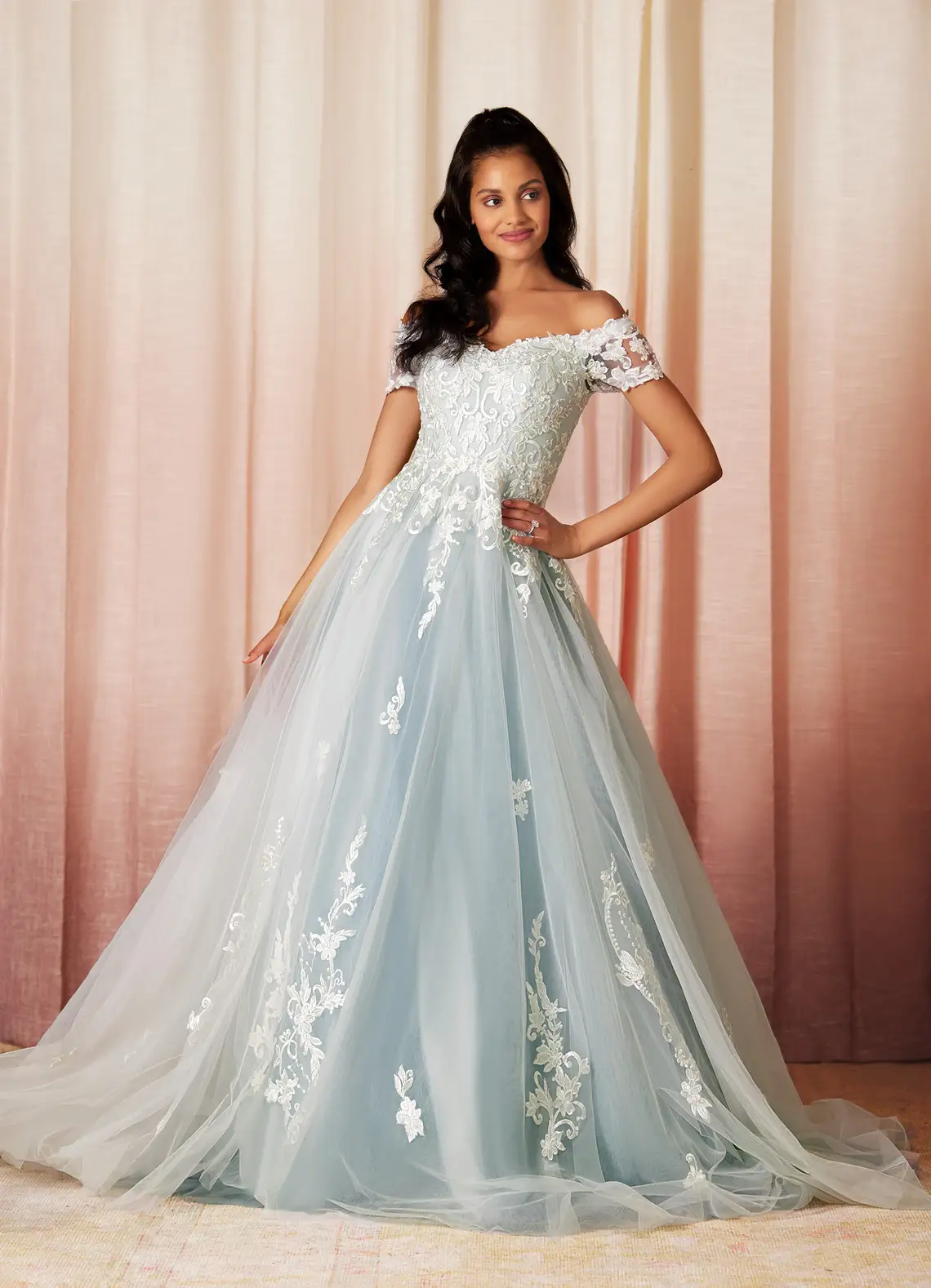 Azazie Ball-Gown Off the Shoulder Tulle Chapel Train Dress Cloudy Blue