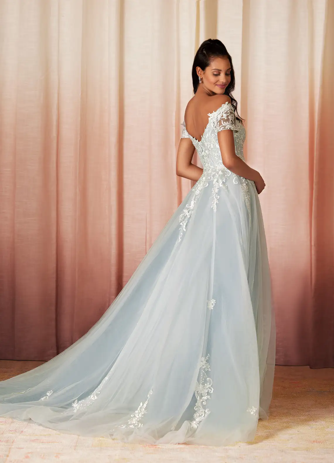 Azazie Ball-Gown Off the Shoulder Tulle Chapel Train Dress Cloudy Blue