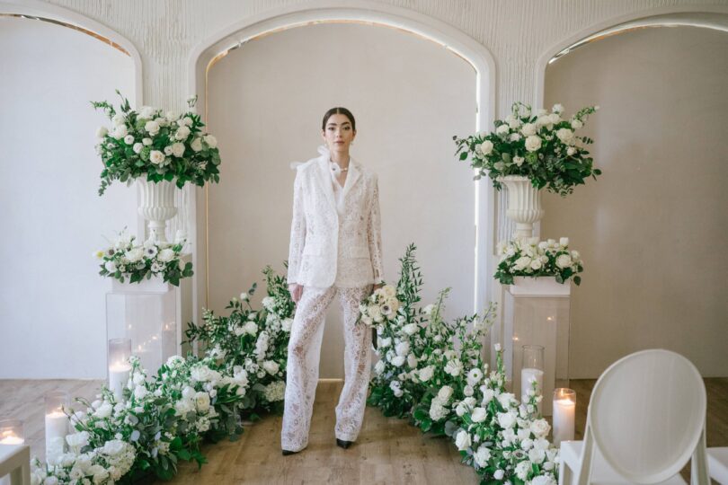 modern bride in a lace suit