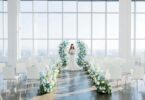 blue and white wedding ceremony with beautiful flowers